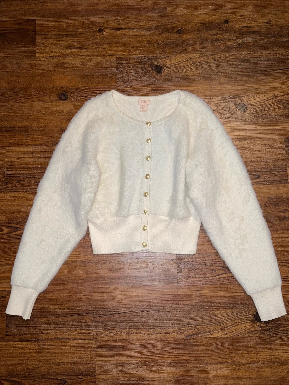Camila Coelho Fuzzy Knit White Cropped
Cardigan Sweater Gold Buttons Size M